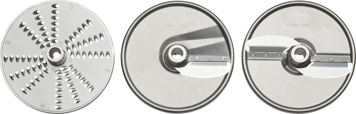Three round Hobart shred slice plates are shown. The left disc has grating holes, the center has a 4mm slicing blade, and the right a 1.5mm blade. All feature central mounting holes and fit neatly into a plates storage rack.