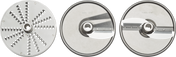 Three round Hobart shred slice plates are shown. The left disc has grating holes, the center has a 4mm slicing blade, and the right a 1.5mm blade. All feature central mounting holes and fit neatly into a plates storage rack.
