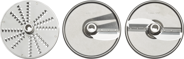 Three round Hobart shred slice plates are shown. The left disc has grating holes, the center has a 4mm slicing blade, and the right a 1.5mm blade. All feature central mounting holes and fit neatly into a plates storage rack.