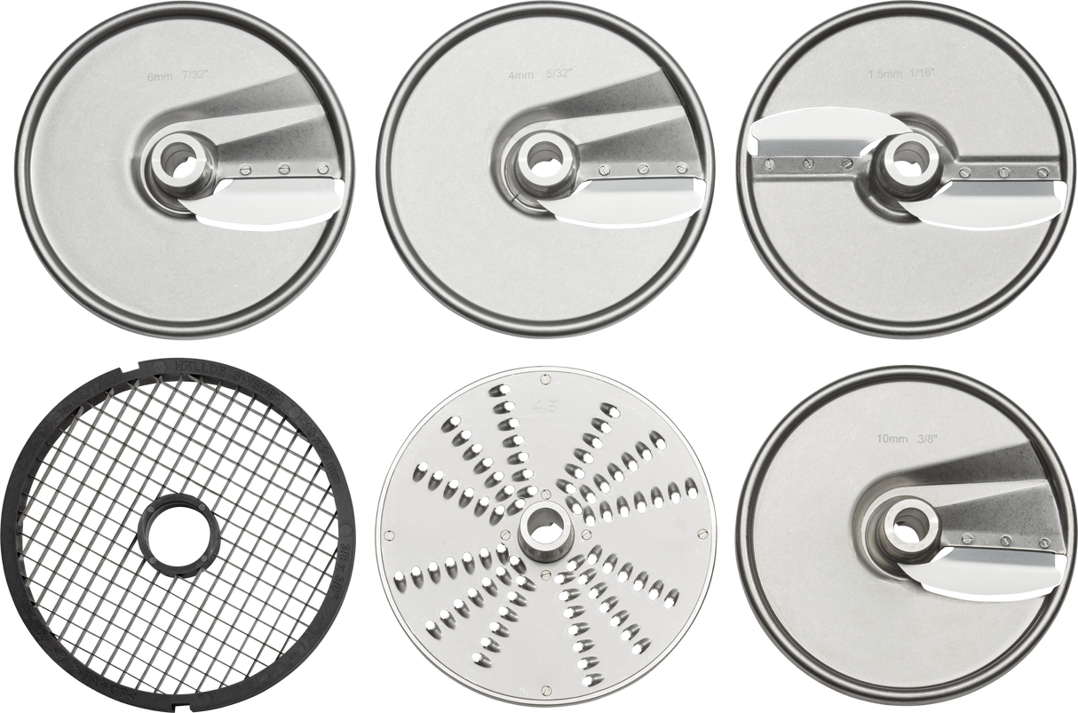 Six round Hobart PLTSS-6PACK slicer plates are shown: three slicing plates labeled 6mm, 4mm, and 1.5mm on top, with a grid dicing disc, a grating disc with multiple holes, and a slicing plate labeled 10mm on the bottom row.