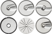 Six round Hobart PLTSS-6PACK slicer plates are shown: three slicing plates labeled 6mm, 4mm, and 1.5mm on top, with a grid dicing disc, a grating disc with multiple holes, and a slicing plate labeled 10mm on the bottom row.