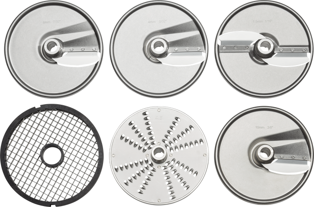Six round Hobart PLTSS-6PACK slicer plates are shown: three slicing plates labeled 6mm, 4mm, and 1.5mm on top, with a grid dicing disc, a grating disc with multiple holes, and a slicing plate labeled 10mm on the bottom row.