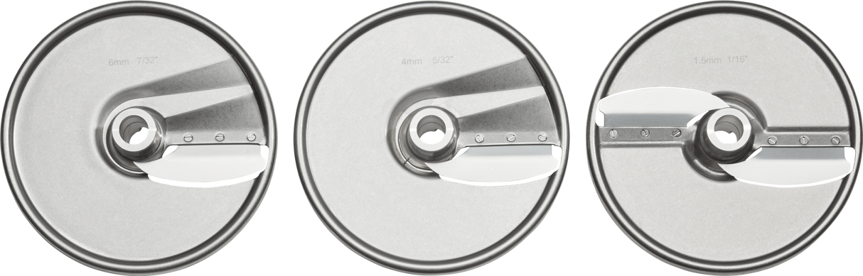 Three circular Hobart PLTSS-6PACK slicer plates are shown side by side, each labeled with its slicing thickness: 6mm, 4mm, and 1.5mm. Each blade has a sharp metal edge and central mounting hole. The background is white.