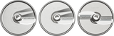 Three circular Hobart PLTSS-6PACK slicer plates are shown side by side, each labeled with its slicing thickness: 6mm, 4mm, and 1.5mm. Each blade has a sharp metal edge and central mounting hole. The background is white.