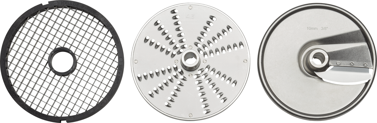 Three Hobart PLTSS-6PACK slicer plates: a black plastic grid slicer on the left, a circular metal grater with small holes and raised edges in the center, and a round metal slicing blade marked 10mm 3/8 on the right. Plates and storage rack not included.