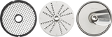 Three Hobart PLTSS-6PACK slicer plates: a black plastic grid slicer on the left, a circular metal grater with small holes and raised edges in the center, and a round metal slicing blade marked 10mm 3/8 on the right. Plates and storage rack not included.