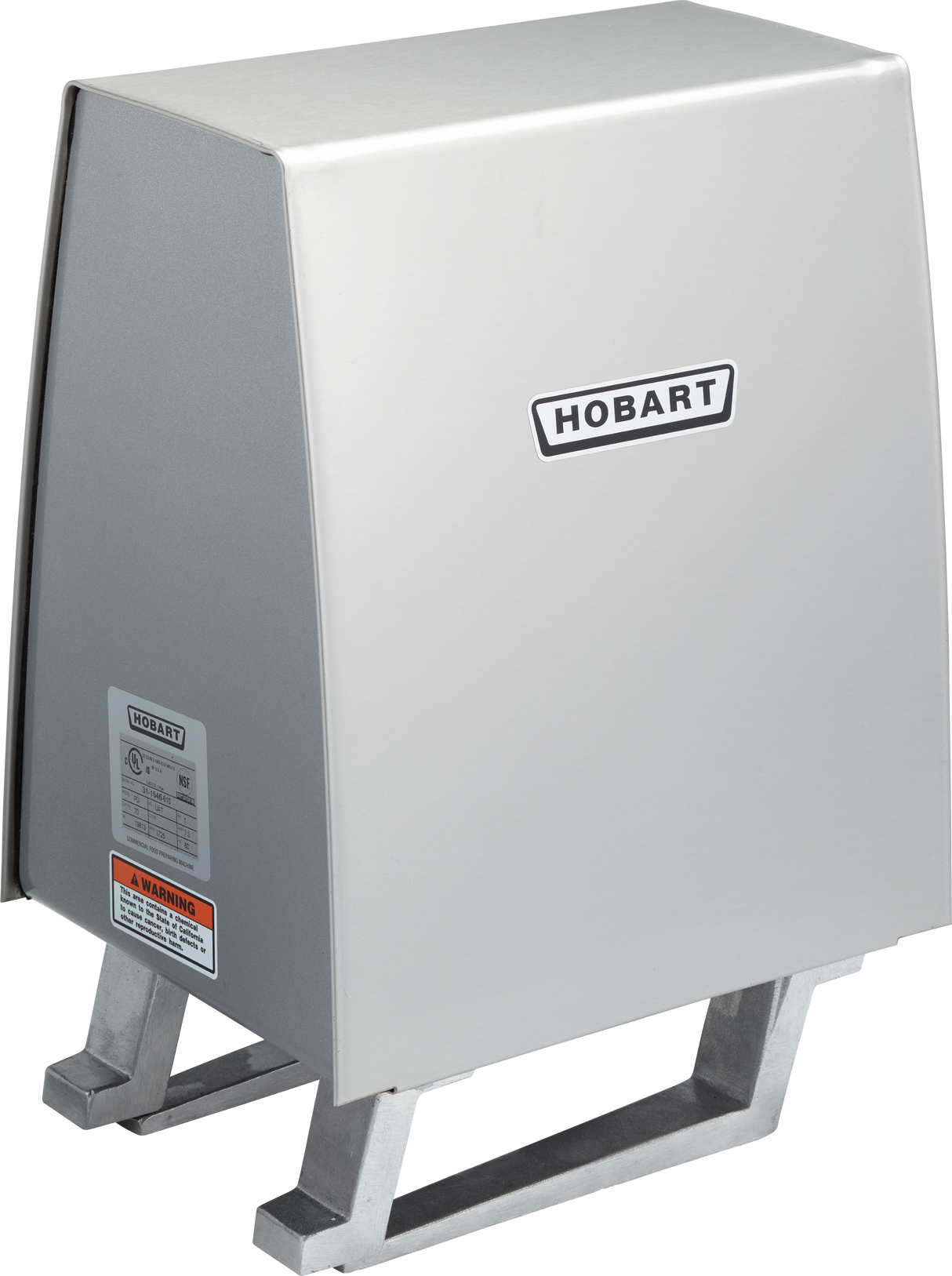 A stainless steel Hobart commercial dishwasher booster heater with a rectangular box shape, slanted front, and two metal supports at the bottom. The Hobart logo is on the front, alongside safety labels near the #12 hub for Power Drive Unit compatibility.
