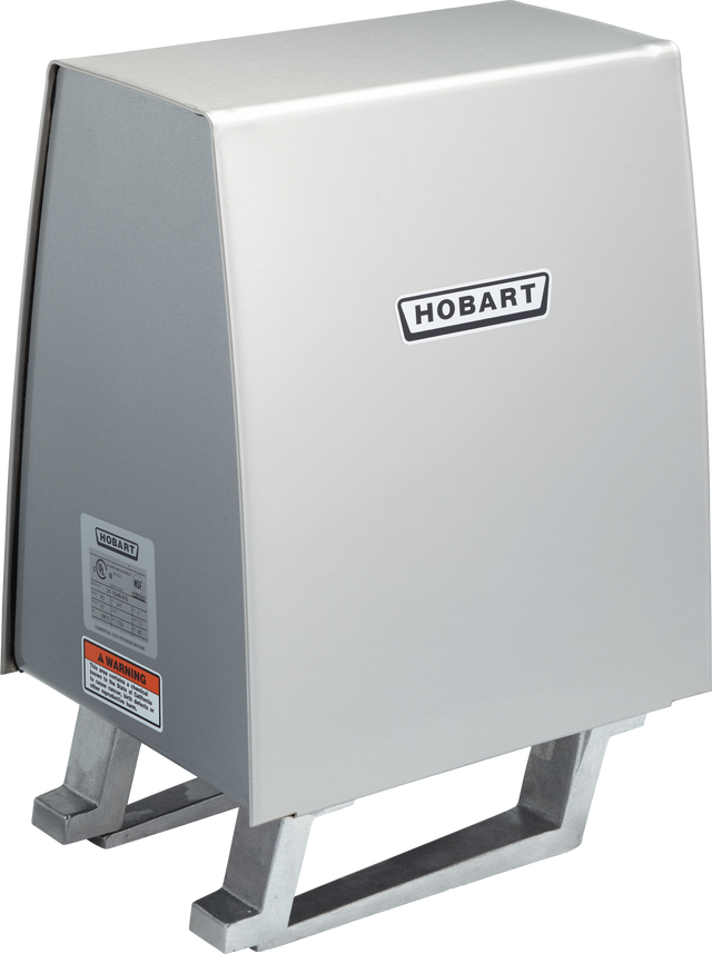 A stainless steel Hobart commercial dishwasher booster heater with a rectangular box shape, slanted front, and two metal supports at the bottom. The Hobart logo is on the front, alongside safety labels near the #12 hub for Power Drive Unit compatibility.