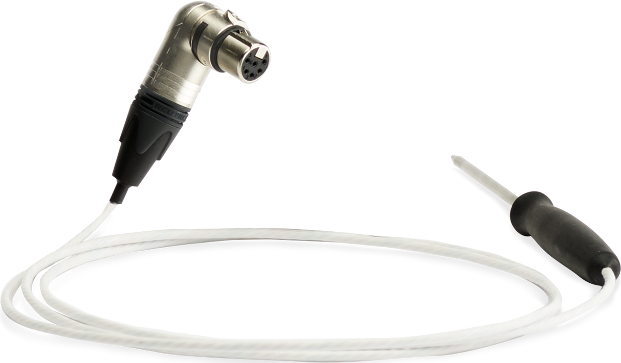 A coiled white cable connects a metal Vulcan V-PROBE XLR connector on the left to a black-handled screwdriver on the right, set against a light background. The XLR connector has three visible holes, and the screwdriver lies horizontally.