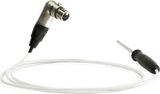 A coiled white cable connects a metal Vulcan V-PROBE XLR connector on the left to a black-handled screwdriver on the right, set against a light background. The XLR connector has three visible holes, and the screwdriver lies horizontally.