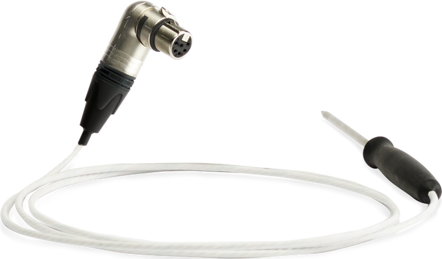 A coiled white cable connects a metal Vulcan V-PROBE XLR connector on the left to a black-handled screwdriver on the right, set against a light background. The XLR connector has three visible holes, and the screwdriver lies horizontally.