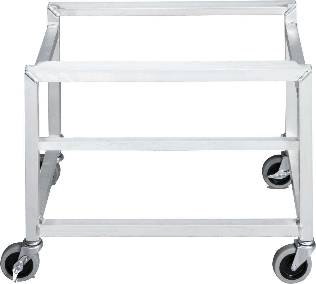 A metal rectangular VPP-CART frame with four black caster wheels, viewed from the front. The frame is simple with no shelves or handles, constructed from silver metal bars. The background is plain and white.