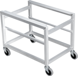 A rectangular, silver metal PRECIPAN Cart with four black caster wheels. Open and minimalist, the VPP-CART features simple horizontal and vertical bars for an industrial Vulcan style. The background is plain and neutral.