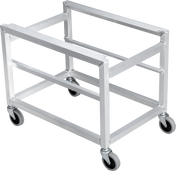 A rectangular, silver metal PRECIPAN Cart with four black caster wheels. Open and minimalist, the VPP-CART features simple horizontal and vertical bars for an industrial Vulcan style. The background is plain and neutral.