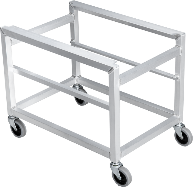 A rectangular, silver metal PRECIPAN Cart with four black caster wheels. Open and minimalist, the VPP-CART features simple horizontal and vertical bars for an industrial Vulcan style. The background is plain and neutral.