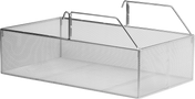 A rectangular, silver metal PRECIPAN Mesh Basket with two curved handles and open sides. Lightweight and airy, it’s perfect for organizing household items or kitchen supplies. The VPP-BASKET boasts a minimalist, modern design.
