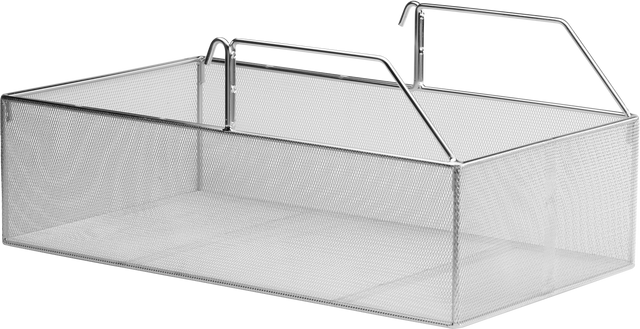 A rectangular, silver metal PRECIPAN Mesh Basket with two curved handles and open sides. Lightweight and airy, it’s perfect for organizing household items or kitchen supplies. The VPP-BASKET boasts a minimalist, modern design.