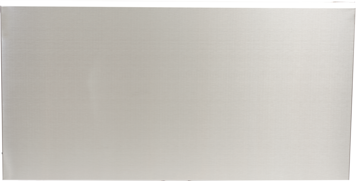 A smooth, metallic, brushed stainless steel surface with a subtle horizontal grain defines the modern look of the Vulcan PRECIPAN Back Panel Enclosure. Soft lighting highlights its industrial style on this clean, unadorned 28 gallon enclosure. No visible handles or markings.
