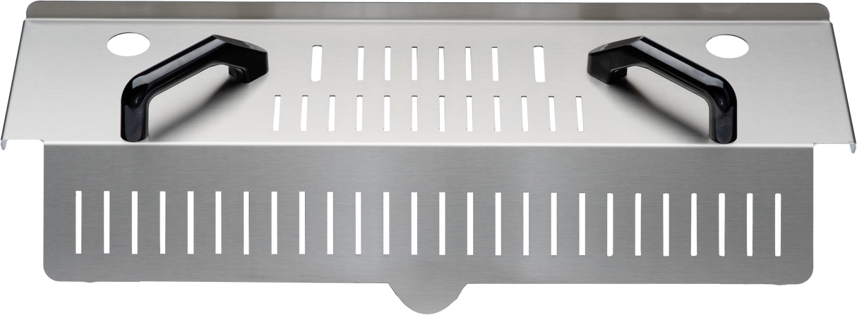 The PRECIPAN Strainer Kit is a stainless steel grilling accessory with two black handles, multiple vertical slits for ventilation or drainage, and two circular holes in the top corners. It's ideal for use with 28 gallon Vulcan systems or similar setups.