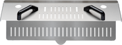 The PRECIPAN Strainer Kit is a stainless steel grilling accessory with two black handles, multiple vertical slits for ventilation or drainage, and two circular holes in the top corners. It's ideal for use with 28 gallon Vulcan systems or similar setups.