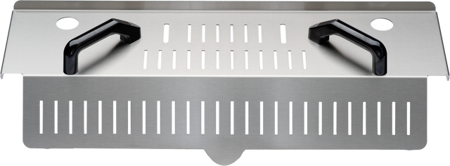 The PRECIPAN Strainer Kit is a stainless steel grilling accessory with two black handles, multiple vertical slits for ventilation or drainage, and two circular holes in the top corners. It's ideal for use with 28 gallon Vulcan systems or similar setups.