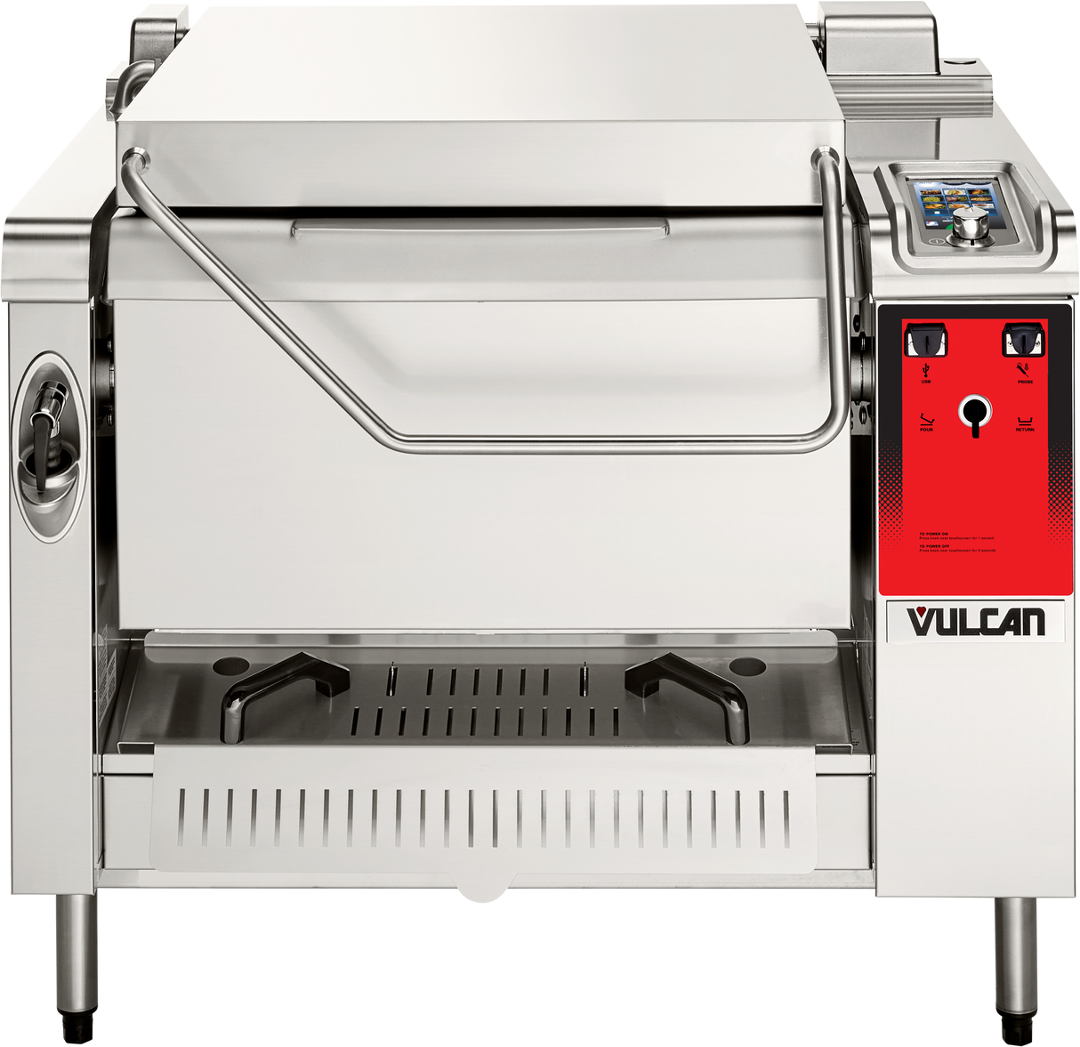 A commercial stainless steel electric 28 gallon tilt skillet with a red Vulcan control panel, featuring control knobs, a digital display, and a large front handle for tilting—an ideal multifunction cooking unit for professional kitchens.