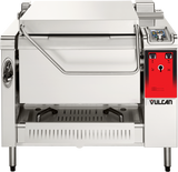A commercial stainless steel electric 28 gallon tilt skillet with a red Vulcan control panel, featuring control knobs, a digital display, and a large front handle for tilting—an ideal multifunction cooking unit for professional kitchens.