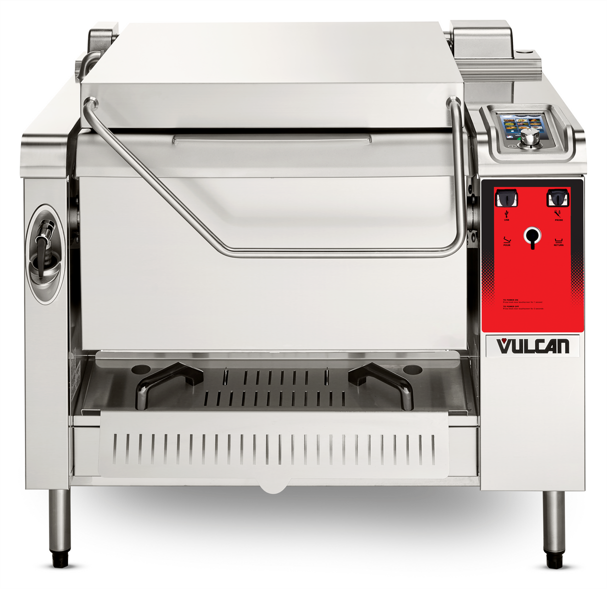 A commercial stainless steel Vulcan tilting braising pan with a large, front-opening lid, control panel featuring dials and buttons on the right, a sturdy handle, metal legs, and drip tray underneath. The panel has a red accent and the Vulcan logo.