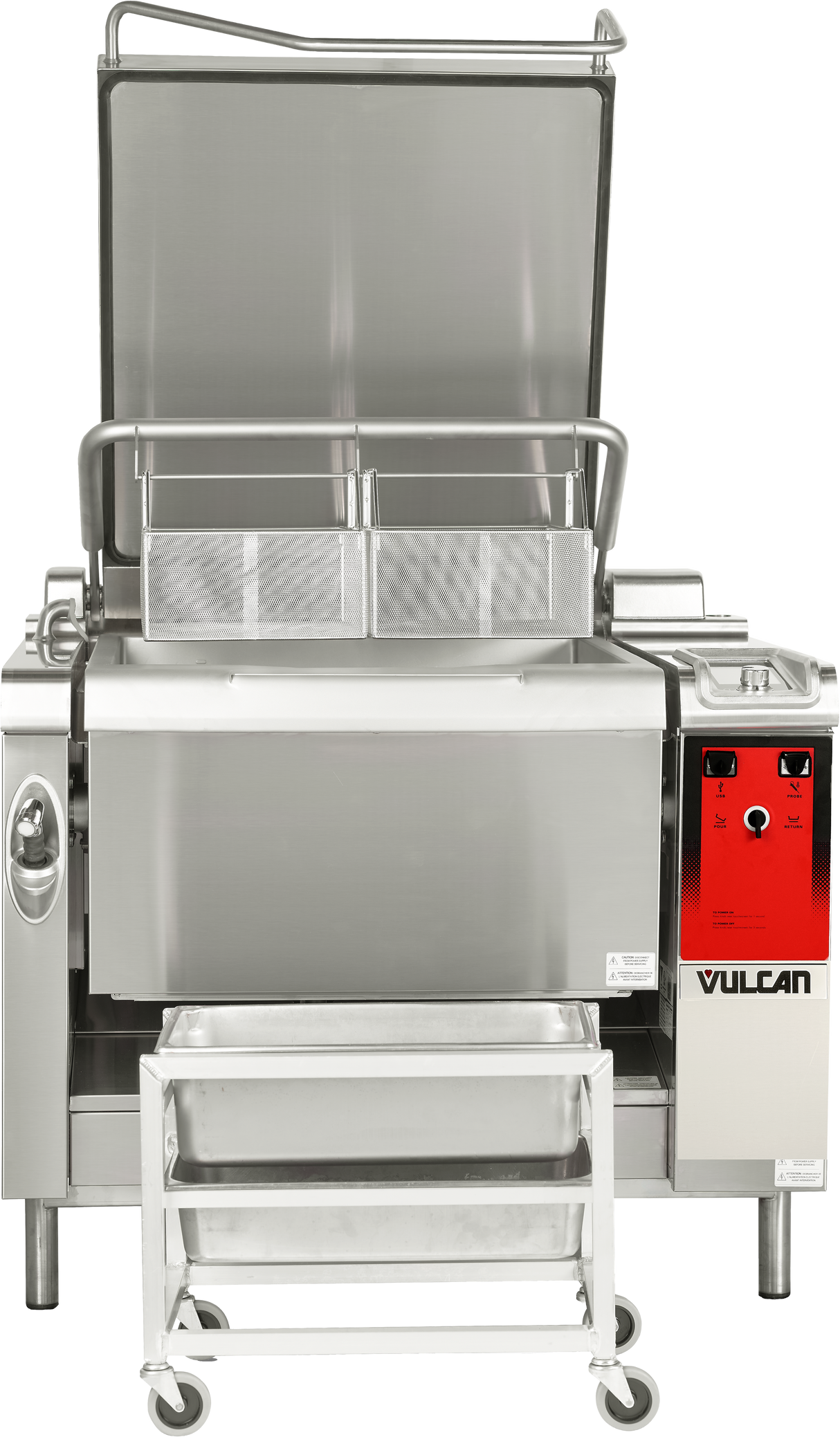 A large electric 28 gallon stainless steel tilting braising pan with a red VULCAN control panel, raised lid, basket inside, and metal tray on a wheeled rack below. Sturdy handles and modern, industrial design make this multifunction cooking unit ideal for any kitchen.