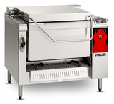A large stainless steel Vulcan appliance, this multifunction cooking unit features a tilting braising pan with an auto-lift arm, front handle, control panel on the right, vented lower shelf, and a red accent panel displaying the brand logo.