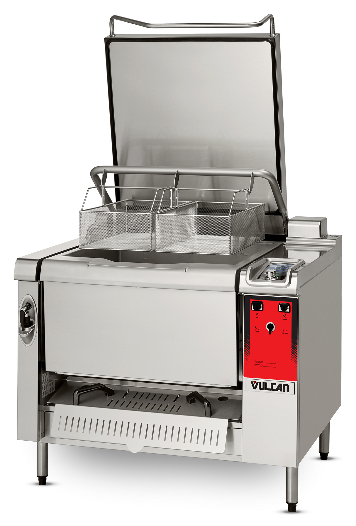 A stainless steel commercial kitchen appliance with a deep rectangular basin, metal baskets, and a large hinged lid open upright features an auto-lift arm and red control panel labeled “Vulcan.” It stands on legs with a drip tray below.