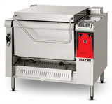 A commercial stainless steel electric 28 gallon tilt skillet with a red Vulcan control panel. This multifunction cooking unit features a large flat lid, control knobs, and drip tray, ideal for professional kitchens cooking large quantities.