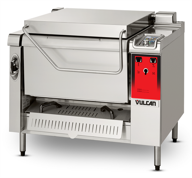 A commercial stainless steel electric 28 gallon tilt skillet with a red Vulcan control panel. This multifunction cooking unit features a large flat lid, control knobs, and drip tray, ideal for professional kitchens cooking large quantities.