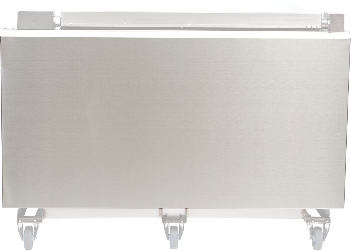 A large, rectangular stainless steel cart with a smooth front panel and four caster wheels, shown against a plain white background. Inspired by Vulcan’s industrial style, it resembles a 40 gallon PRECIPAN Back Panel Enclosure with a flat top surface.