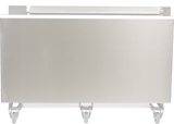 A large, rectangular stainless steel cart with a smooth front panel and four caster wheels, shown against a plain white background. Inspired by Vulcan’s industrial style, it resembles a 40 gallon PRECIPAN Back Panel Enclosure with a flat top surface.