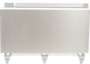 A large, rectangular stainless steel cart with a smooth front panel and four caster wheels, shown against a plain white background. Inspired by Vulcan’s industrial style, it resembles a 40 gallon PRECIPAN Back Panel Enclosure with a flat top surface.