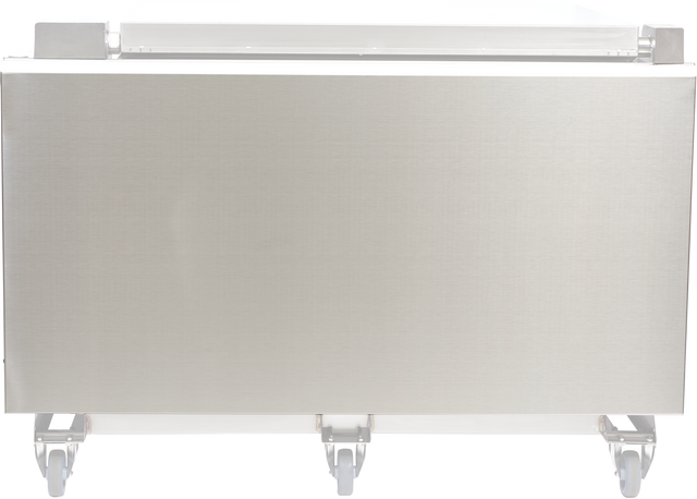 A large, rectangular stainless steel cart with a smooth front panel and four caster wheels, shown against a plain white background. Inspired by Vulcan’s industrial style, it resembles a 40 gallon PRECIPAN Back Panel Enclosure with a flat top surface.