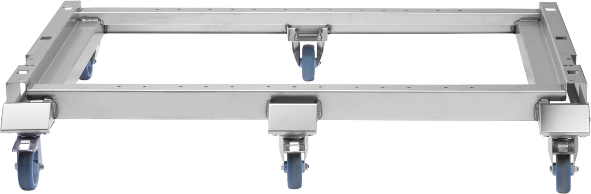 A sturdy rectangular metal Vulcan PRECIPAN Caster Frame Kit with four blue swivel caster wheels, one at each corner, and a central handle. Ideal for transporting heavy equipment like a 40 gallon unit. The background is plain and light-colored.