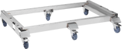 A rectangular Vulcan PRECIPAN Caster Frame Kit dolly with four swivel caster wheels with blue rubber tires. The silver, sturdy frame is designed for transporting heavy objects like a 40 gallon container, highlighted against a plain white background.