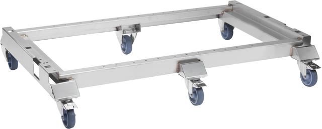 A rectangular Vulcan PRECIPAN Caster Frame Kit dolly with four swivel caster wheels with blue rubber tires. The silver, sturdy frame is designed for transporting heavy objects like a 40 gallon container, highlighted against a plain white background.