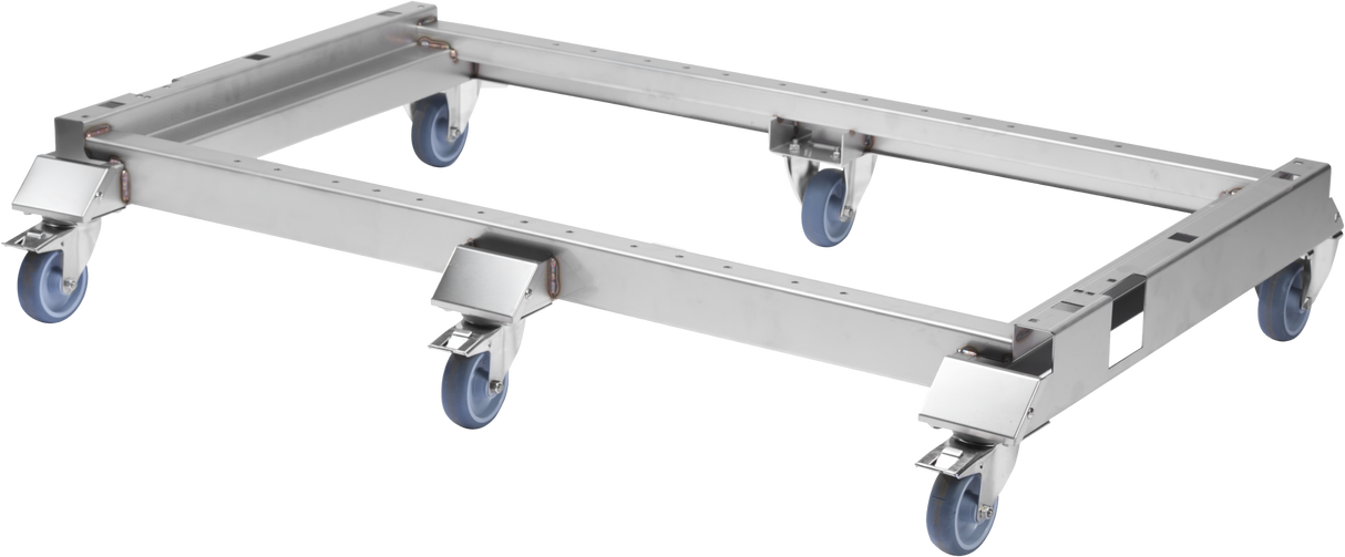 A rectangular metal dolly with a silver frame and four blue caster wheels, the Vulcan PRECIPAN Caster Frame Kit is designed for transporting heavy objects like 40-gallon containers. The frame features reinforced corners and sturdy hardware attachments.