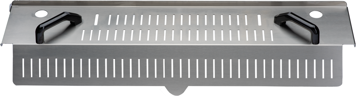 A rectangular stainless steel PRECIPAN Strainer Kit grill accessory for a 40 gallon Vulcan, featuring evenly spaced vertical slots, two black handles on each side, and round holes in the corners for ventilation or drainage. Brushed metal finish.