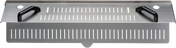 A rectangular stainless steel PRECIPAN Strainer Kit grill accessory for a 40 gallon Vulcan, featuring evenly spaced vertical slots, two black handles on each side, and round holes in the corners for ventilation or drainage. Brushed metal finish.