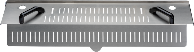 A rectangular stainless steel PRECIPAN Strainer Kit grill accessory for a 40 gallon Vulcan, featuring evenly spaced vertical slots, two black handles on each side, and round holes in the corners for ventilation or drainage. Brushed metal finish.