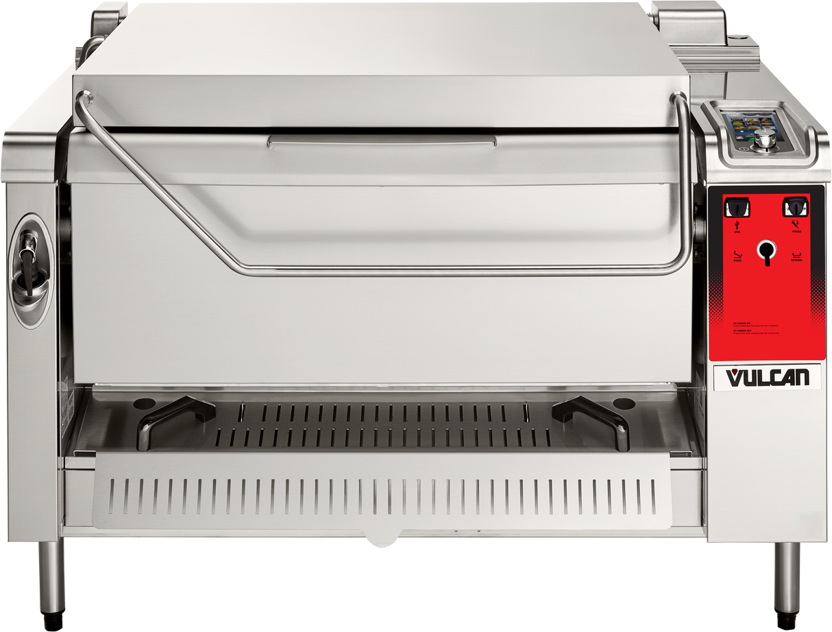 A commercial stainless steel tilting braising pan with a closed lid, red side panel with controls, and Vulcan branding. This multifunction cooking unit features a 40 gallon capacity, large handle, drip tray, and vented front panel for versatile kitchen use.