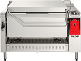 A commercial stainless steel tilting braising pan with a closed lid, red side panel with controls, and Vulcan branding. This multifunction cooking unit features a 40 gallon capacity, large handle, drip tray, and vented front panel for versatile kitchen use.