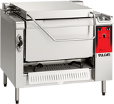A stainless steel Vulcan tilting braising pan with a 40 gallon capacity, featuring a large rectangular lid, side handle, red control panel, black legs, and a bottom drip tray—an ideal multifunction cooking unit for commercial kitchens.