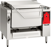 A stainless steel Vulcan tilting braising pan with a 40 gallon capacity, featuring a large rectangular lid, side handle, red control panel, black legs, and a bottom drip tray—an ideal multifunction cooking unit for commercial kitchens.