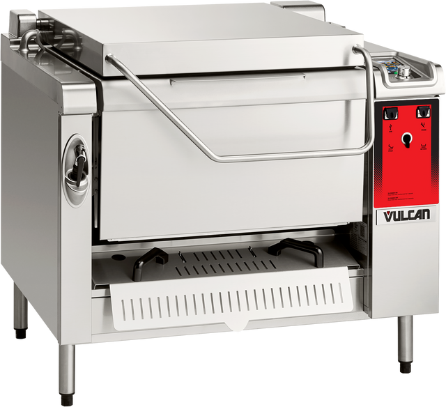 A stainless steel Vulcan tilting braising pan with a 40 gallon capacity, featuring a large rectangular lid, side handle, red control panel, black legs, and a bottom drip tray—an ideal multifunction cooking unit for commercial kitchens.