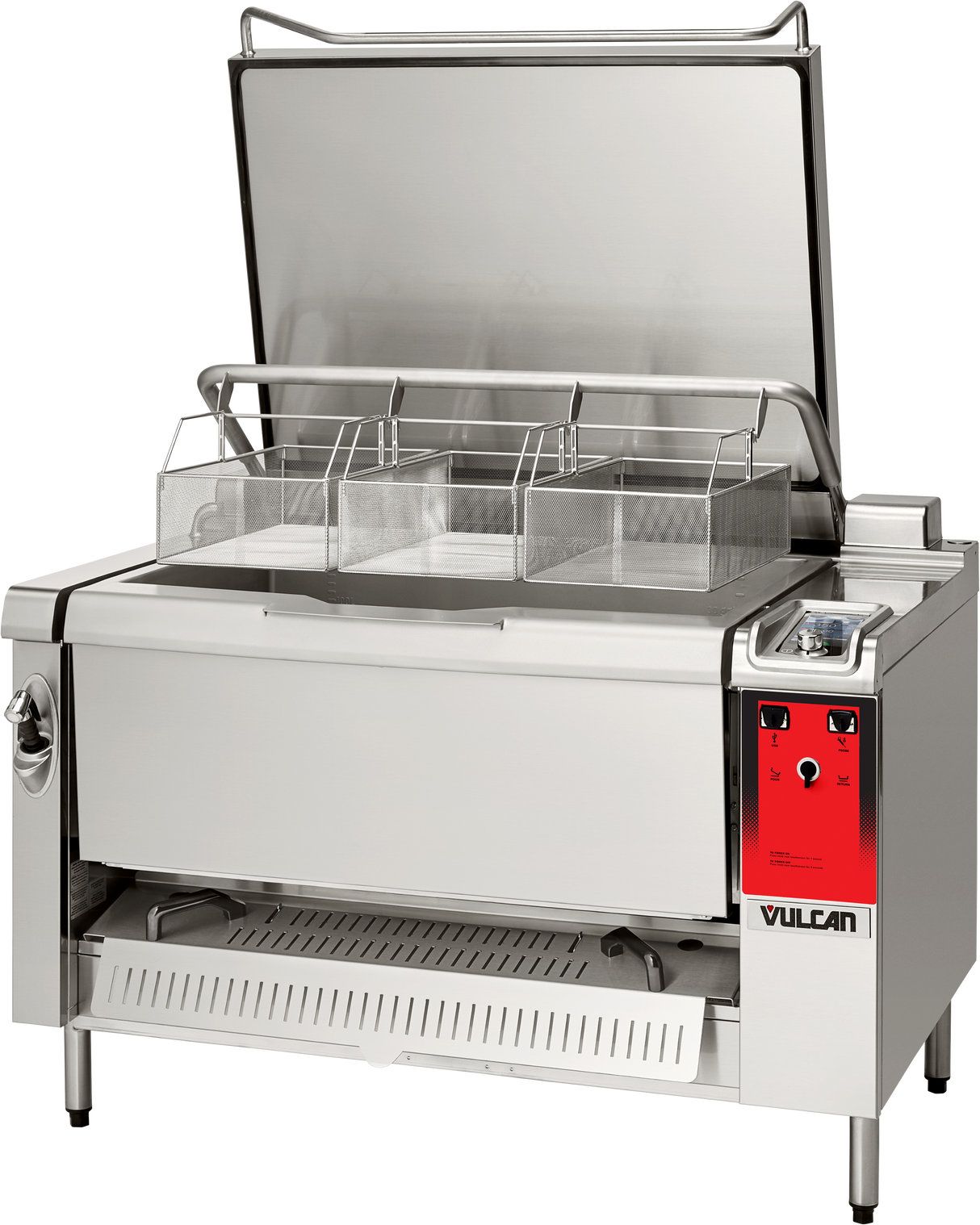 A commercial stainless steel tilting braising pan with a large open lid, three wire baskets inside, a red control panel on the right, and the Vulcan brand name on the front. This multifunction cooking unit is clean, modern, and ideal for industrial kitchens.